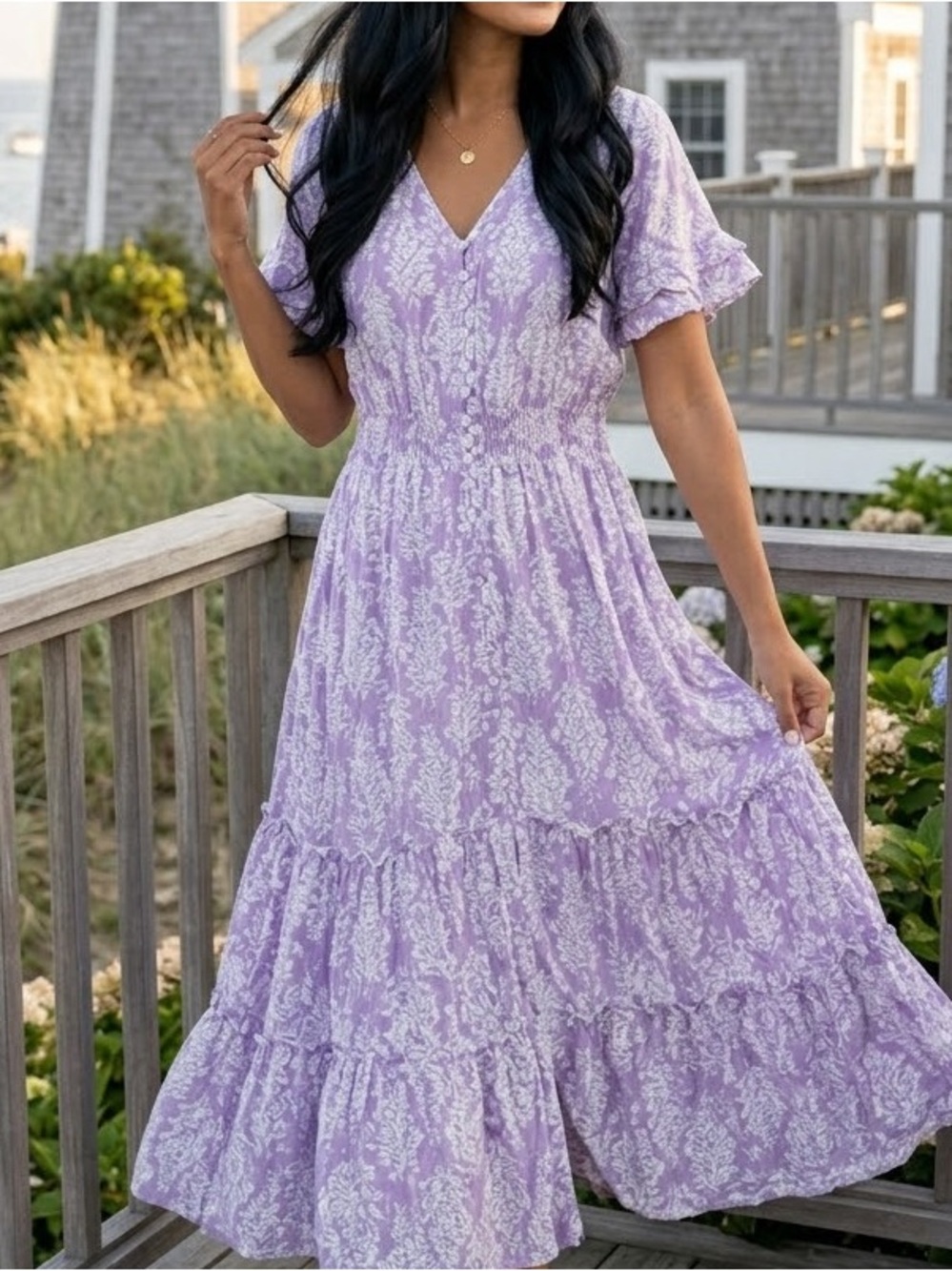 Walker & Wade Hannah Maxi Dress Medium Lavender White Botanical Tiered